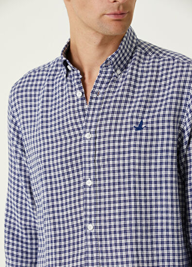 Beymen Club Comfort Fit Lacivert Kareli Keten Gömlek - 4