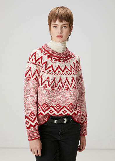 Beymen Club Kırmızı Ekru Jakarlı Kazak - 3