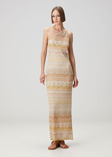 Gold Bej Tek Omuzlu Payetli Maksi Elbise - Görsel 4