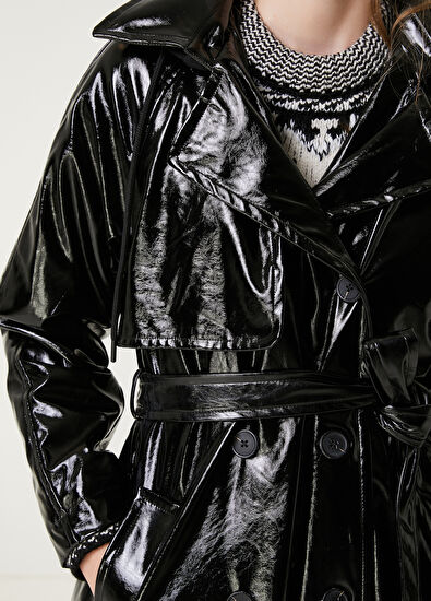 Beymen Club Siyah Jersey Kapüsonlu Rugan Pardösü - 5