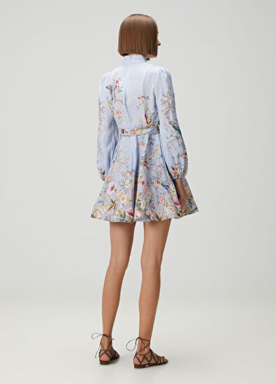Rebellion Mavi Desenli Mini Keten Elbise - Görsel 5