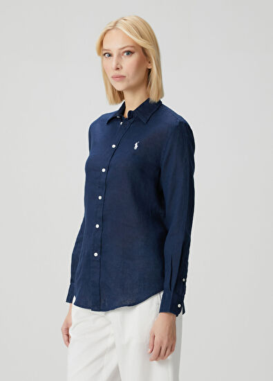 Mavi Logo Nakışlı Keten Gömlek - Görsel 4