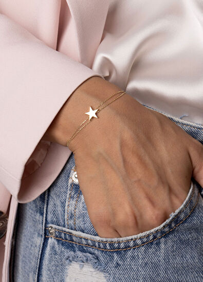 Safir Mücevher Yıldız Detaylı 14 Ayar Altın Zincir Kadın Bileklik - 5