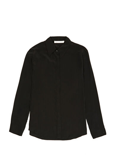 Siyah Kesik Yaka Klasik İpek Gömlek - Görsel 9