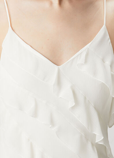 Kırık Beyaz Fırfır Detaylı Maksi Abiye Elbise - Görsel 6