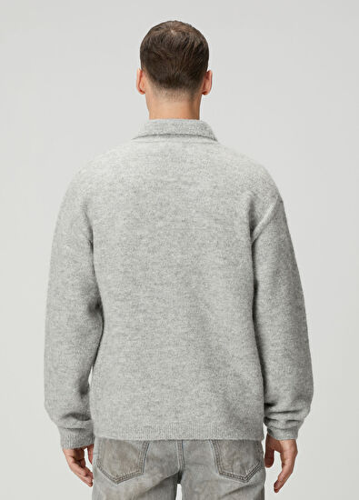 Purple Brand Açık Gri Polo Yaka Logo Jakarlı Yün Kazak - 4