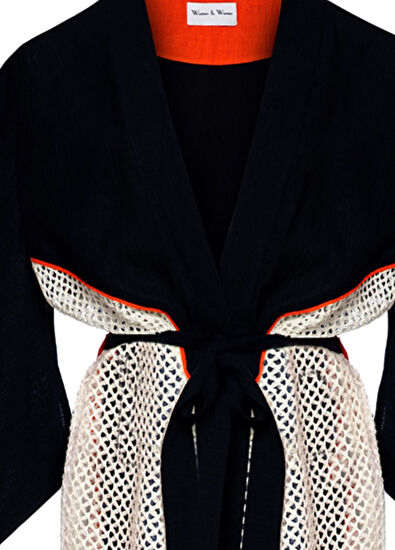 Women&Women Keops Kontrast Biye Detaylı Keten Karışımlı Laciver Kadın Kimono - 3