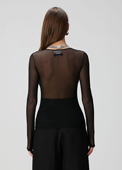 Jean Paul Gaultier Siyah Logolu Tül Bluz - 4