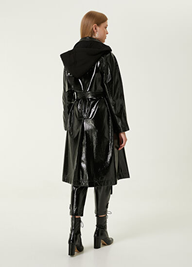 Beymen Club Black Jersey Hooded Patent Trench Coat - 6