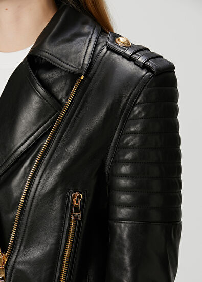 Siyah Crop Deri Ceket - Görsel 7