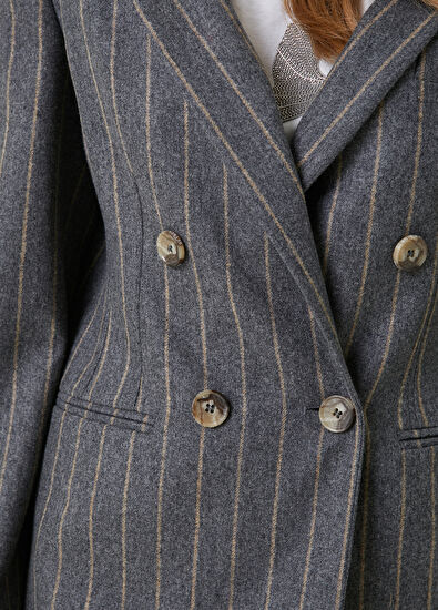 Beymen Club Grey Beige Notch Lapel Striped Double-Breasted Wool Blazer - 6