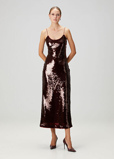 Bordo Payetli Midi Kokteyl Elbise - Görsel 6