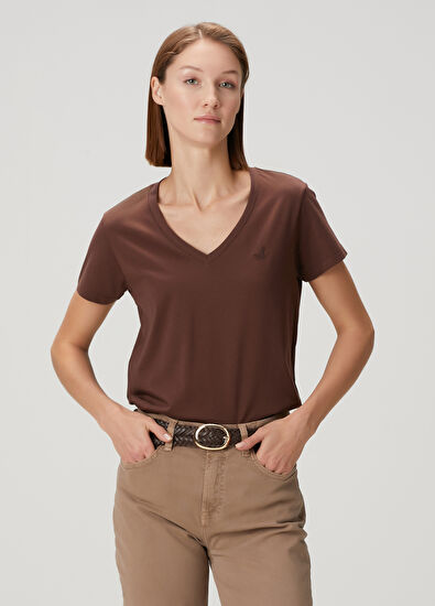 Beymen Club Brown V-Neck Flowing T-Shirt - 3