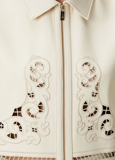 Beymen Club Kırık Beyaz Nakışlı Deri Ceket - 7