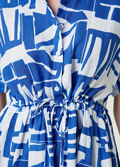 Beymen Club Beyaz Mavi Fayans Desenli Mini Keten Gömlek Elbise - 4