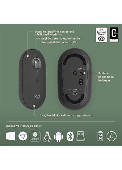 Logitech Pebble 2 Combo Çoklu Sessiz Grafit Kablosuz Türkçe Q Klavye Mouse Seti - 7