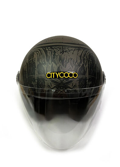 Citycoco Vintage Stil Çift Vizörlü Grafiti Desenli Unisex Yarım Açık Motosiklet Kaskı - 5
