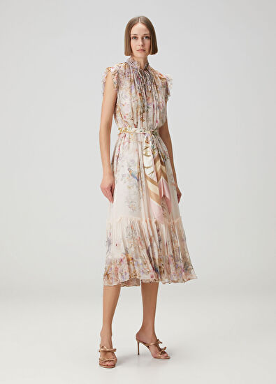 Rebellion Flutter Krem Çiçekli Midi Elbise - Görsel 4