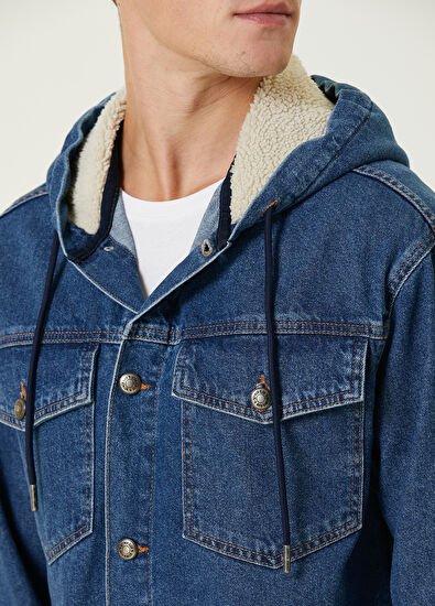 Beymen Club Mavi Kapüşonlu Shearling Detaylı Denim Ceket - 6
