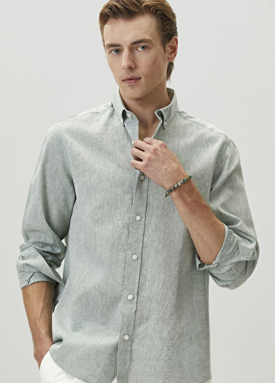 Beymen Club Comfort Fit Su Yeşili Keten Gömlek - 4