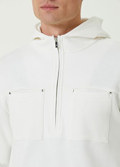 Beymen Club Beyaz Kapüşonlu Yarım Fermuarlı Sweatshirt - 5