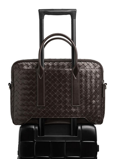 Kahverengi Örgü Dokulu Deri Evrak Çantası - Görsel 6