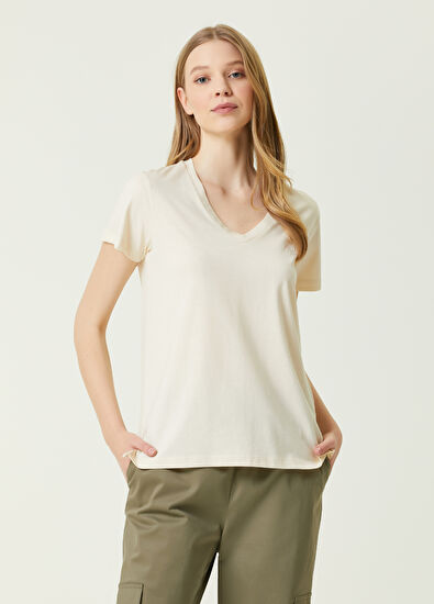 Beymen Club Beige V-Neck Flowing T-Shirt - 3
