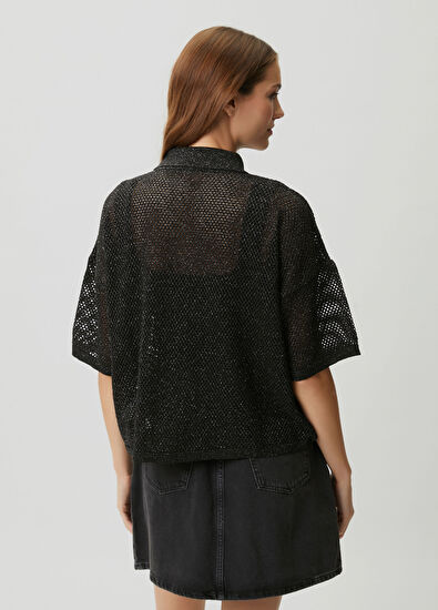 Beymen Club Anthracite Glitter Openwork Polo Sweater - 5