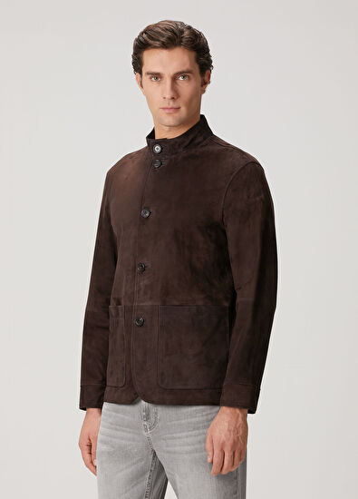 Beymen Club Brown Mandarin Collar Suede Leather Jacket - 5