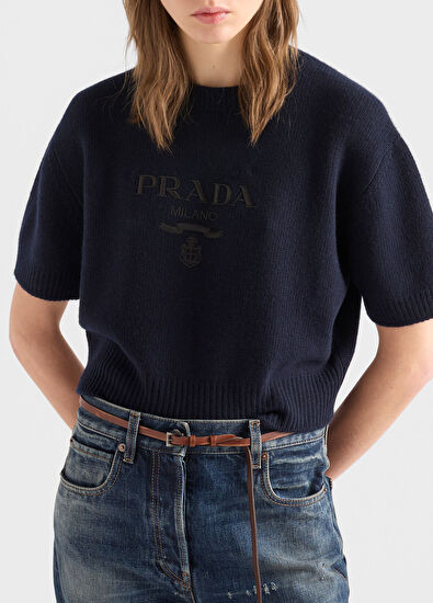 Mavi Yün ve Kaşmir Bisiklet Yaka Kısa Kollu Kadın Kazak - Görsel 4