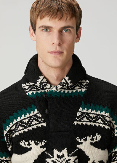 Polo Ralph Lauren Siyah Etnik Desen Jakarlı Yün Kazak - 5