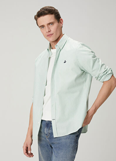 Beymen Club Comfort Fit Beyaz Yeşil Çizgili Oxford Gömlek - 11