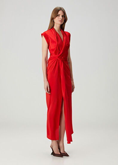 Kırmızı Drapeli Midi İpek Kokteyl Elbise - Görsel 4