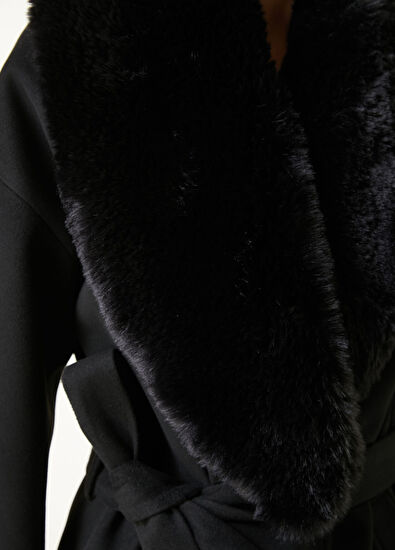Beymen Club Siyah Yakası Suni Kürklü Kruvaze Kaşe Palto - 5