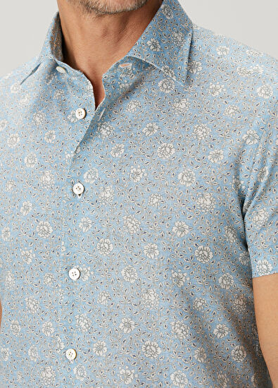 Kiton Nerano Light Blue Floral Print Short Sleeve Shirt - 5