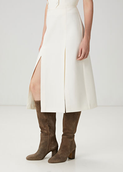 Beymen Club Ekru Çift Yırtmaçlı Midi Etek - 5