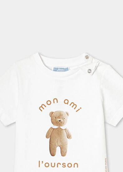 Jacadi Paris Ayı Martin Baskılı Beyaz Pamuklu Kısa Kollu Erkek Bebek T-Shirt - 3