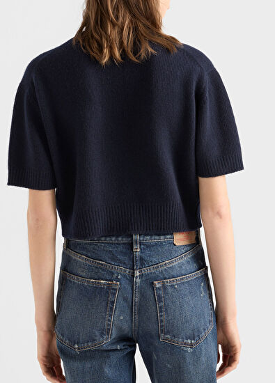 Mavi Yün ve Kaşmir Bisiklet Yaka Kısa Kollu Kadın Kazak - Görsel 5