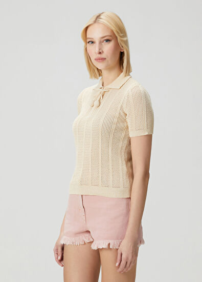 Beyaz Kısa Kollu Polo Triko - Görsel 4