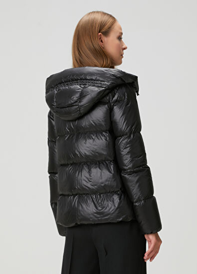 Serittes Siyah Kapüşonlu Puffer Mont - Görsel 6