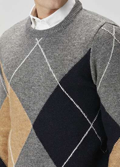 Beymen Club Grey Diamond Pattern Jacquard Sweater - 6