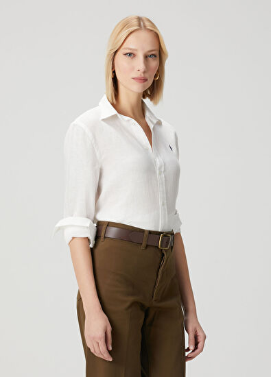 Classic Fit Beyaz Keten Gömlek - Görsel 4