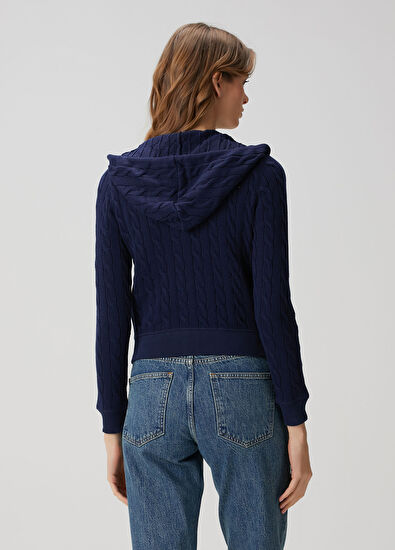 Lacivert Kapüşonlu Saç Örgü Hırka - Görsel 5