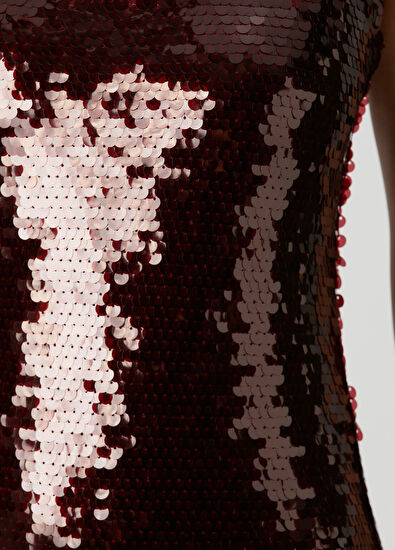 Bordo Payetli Midi Kokteyl Elbise - Görsel 8