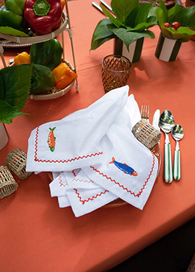 Mariaida Home Blue Sardine Embroidered White Linen Serving Napkin - 5