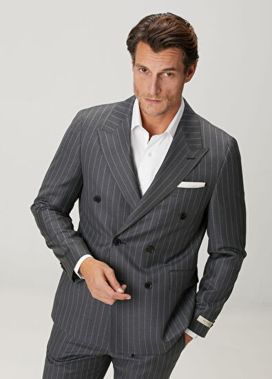 Drop 7 Gri Çizgi Desenli Yün Kruvaze Takım Elbise - Görsel 5