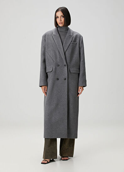 Oversized Gri Kruvaze Yün Palto - Görsel 7