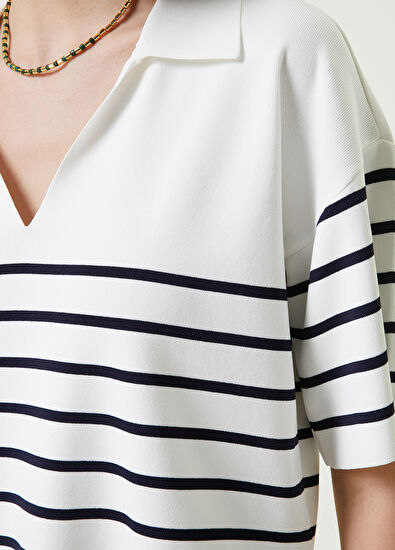 Beymen Club Navy Blue White Striped Polo Neck Sweater - 4