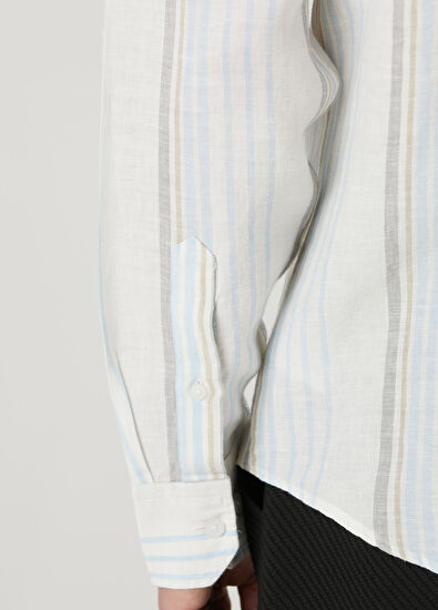 Beymen Club Comfort Fit Blue White Striped Patterned Linen Shi - 7