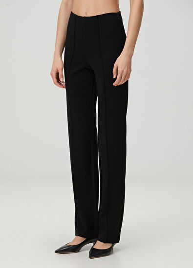 High Waist Pintuck Straight Leg Siyah Pantolon - Görsel 4